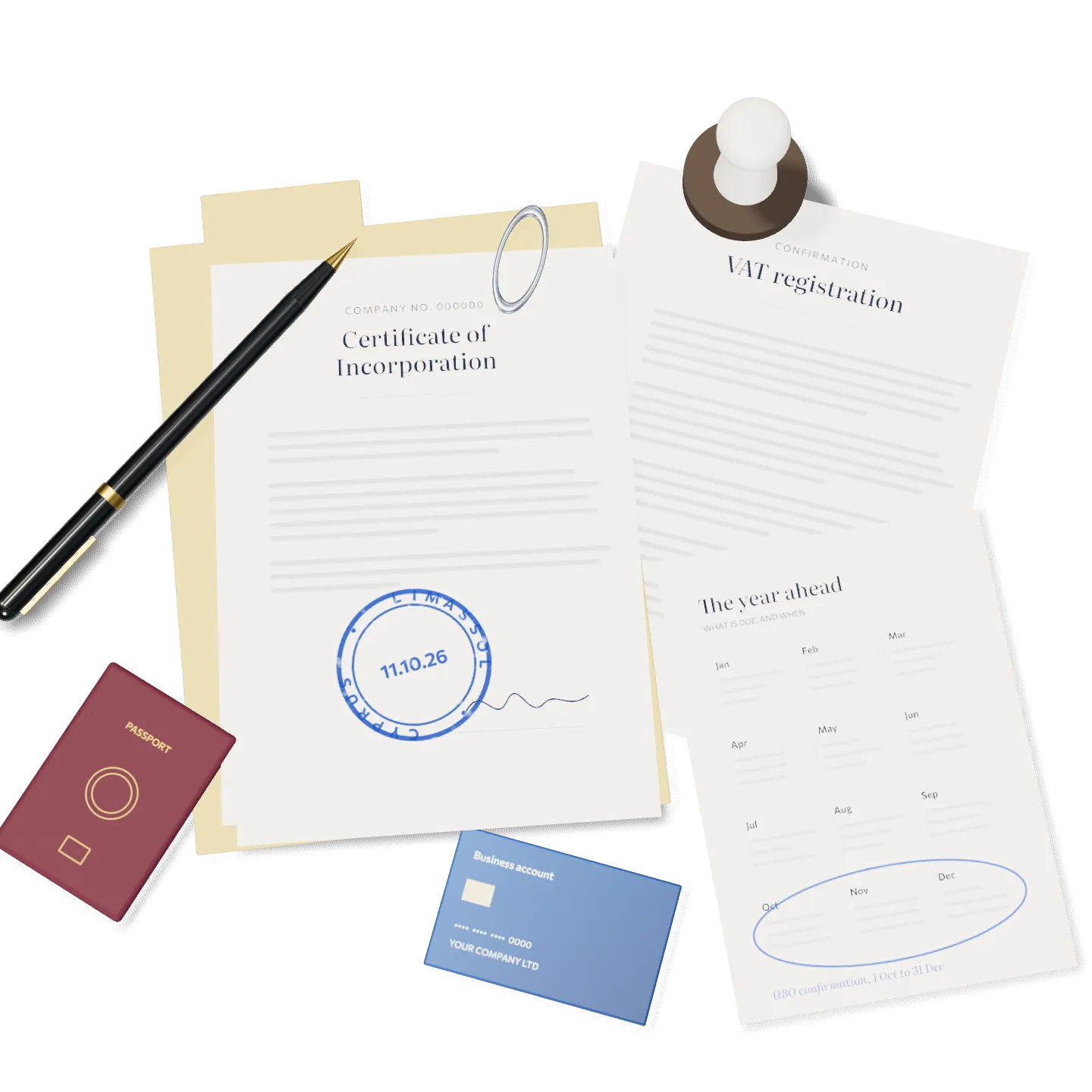 Ein Schreibtisch mit blauer Mappe, schriftlichem Angebot, gestempelter Gründungsurkunde, Mehrwertsteuer-Registrierung, Reisepass, Geschäftskarte und Jahreskalender.