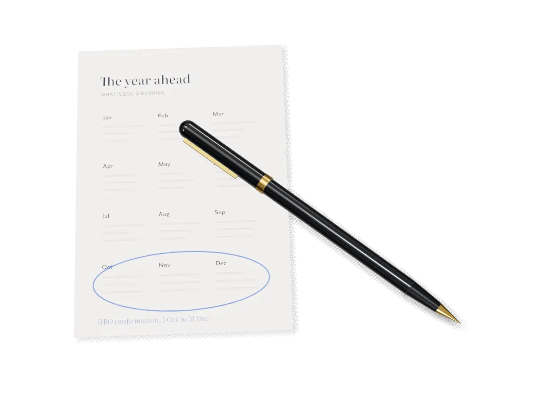 A yearly calendar with October to December circled for the UBO confirmation, and a pen.