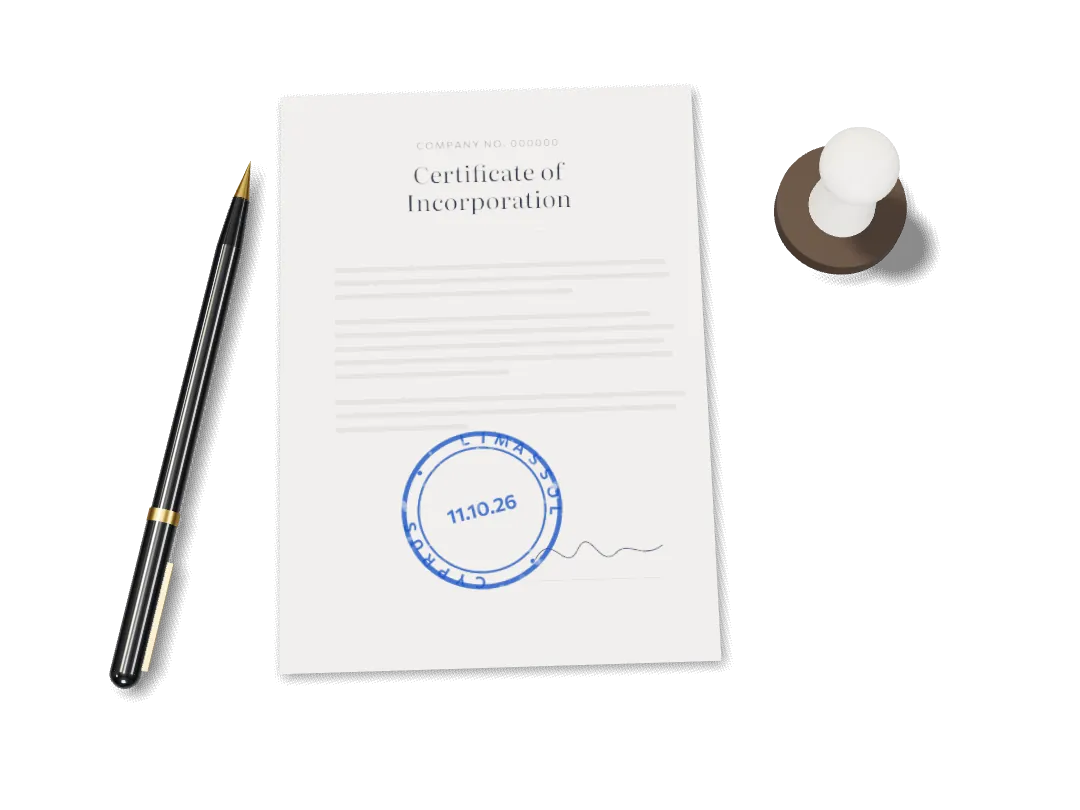 A certificate of incorporation with a Limassol stamp, a fountain pen and a rubber stamp on a desk.